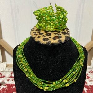Shades of Green Beaded Necklace and Cuff Bracelet Bundle.